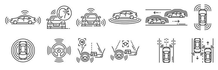 Driver less car line icons self driving vehicles
