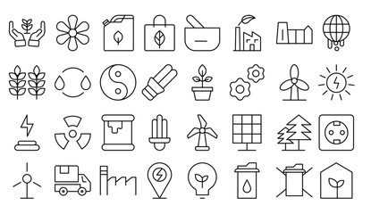 Ecology icon set. Environment, sustainability, nature, recycle, renewable energy; electric bike, eco-friendly, forest, wind power, green symbol. Solid icons vector collection.