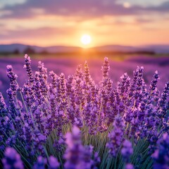 Obraz premium Lavender field sunset, vibrant purple blooms, beautiful sky. Use nature background high resolution for isolate image