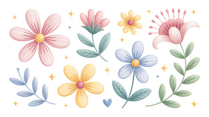 Whimsical watercolor flowers and twigs collection for enchanting designs isolated on transparent background