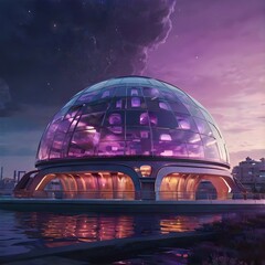 Obraz premium Underwater Futuristic Dome City with Lavender, Baby Pink and Pastel Yellow Neon Lights, Sci-Fi Architecture, Cinematic Glow