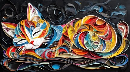 Abstract Cat Art Illustration: Multicolor Geometric Line Decorative Painting Design for Cultural Creative Products and Home Decor