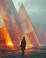 A solitary wanderer on a desolate world stands before colossal, glowing crystalline structures, a scene of epic science fiction mystery