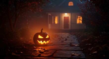 Glowing jackolantern on a stone path leading to a house with illuminated windows in a dark autumn setting