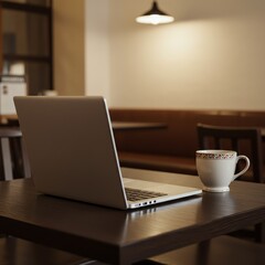 Laptop and coffee cup on wooden table