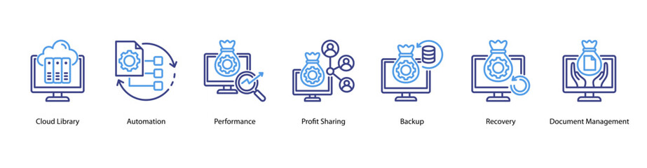 Cloud Efficiency web banner vector illustration featuring Cloud Library, Automation, Performance, Profit Sharing, Backup, Recovery, and Document Management.