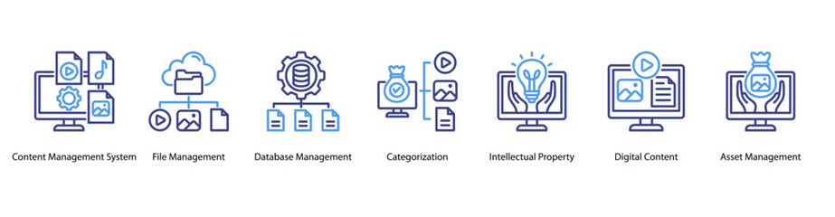 Smart File System web banner vector illustration featuring Content Management System, File Management, Database Management, Categorization, Intellectual Property, Digital Content, and Asset.