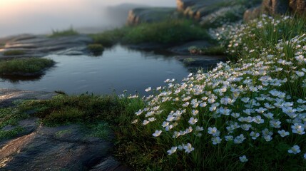 Misty morning scene with wildflowers near a rock pool.