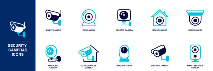 Security Cameras Blue Colored Outline Icon Set