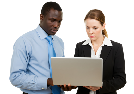 Two colleagues collaborating on a laptop, discussing work in a professional setting
