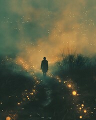 A solitary figure embarks on a mysterious journey through an enchanted forest, guided by shimmering golden lights under a twilight sky, seeking the unknown