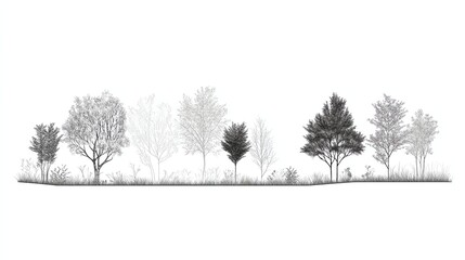 Architectural Drawings, Minimal style cad tree line drawing, Side view, set of section wetland forest outline for landscape design drawing Vector illustration in seperate element