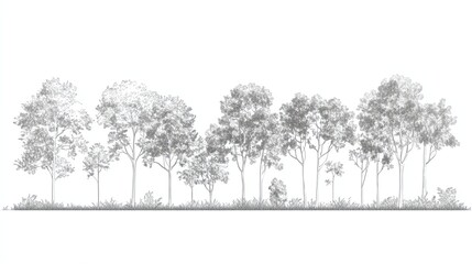 Architectural Drawings, Minimal style cad tree line drawing, Side view, set of section wetland forest outline for landscape design drawing Vector illustration in seperate element