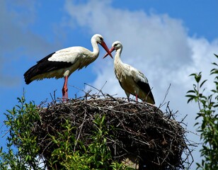 Two storks on a nest against a bright sky (1)