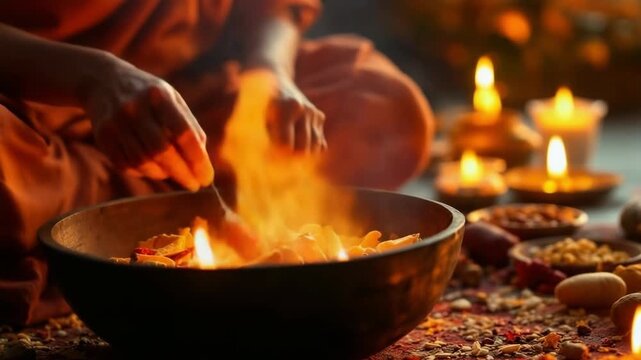 Sacred indian havan ritual hands performing traditional offerings into a glowing fire pit during spiritual teaching ceremony