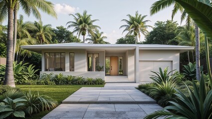 a modern architectural style, featuring a single-story house with a flat roof and a minimalist design. The exterior is characterized by clean lines and a neutral color palette, with large windows and 