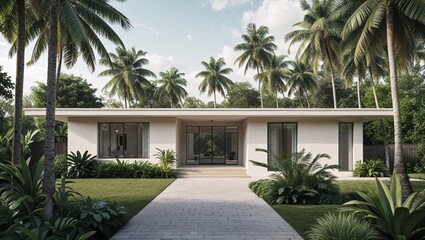 a modern architectural style, featuring a single-story house with a flat roof and a minimalist design. The exterior is characterized by clean lines and a neutral color palette, with large windows and 