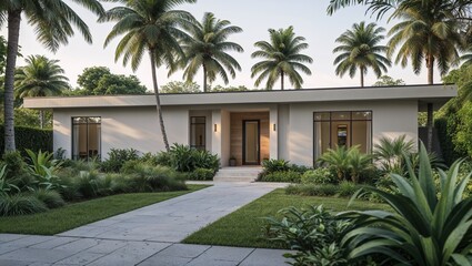 a modern architectural style, featuring a single-story house with a flat roof and a minimalist design. The exterior is characterized by clean lines and a neutral color palette, with large windows and 