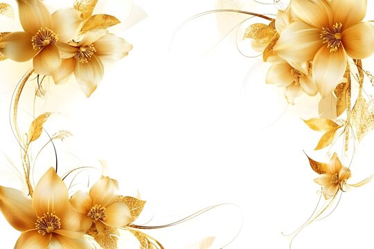 Delicate golden floral arrangement with soft petals and trailing vines creating an elegant border on a bright white background