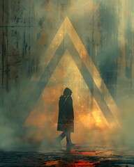 Lone figure in a dark hood walks through atmospheric fog, silhouetted against a giant, luminous triangular portal in a futuristic concept