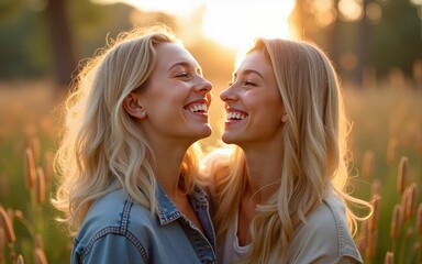 two blond young women laughing and having fun together in nature. High quality