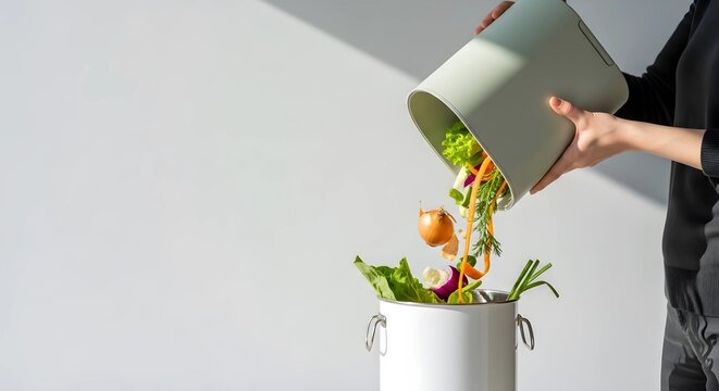 Hands pouring kitchen scraps into a composting bin.  reduce waste concept - Powered by Adobe