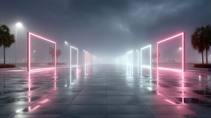 Neon Light Square Frames Along Wet Pavement Reflecting Sky and City Lights with Trees Under Overcast Sky