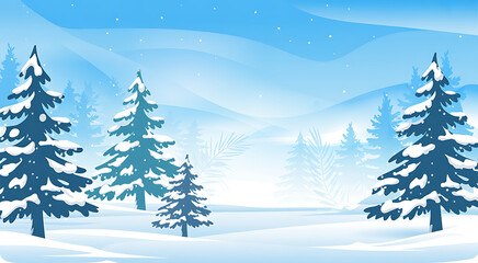 Obraz premium Snow covered evergreen trees in a serene winter landscape with distant mountains and soft blue light