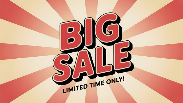 Bold red big sale text with limited time only message on retro sunburst background