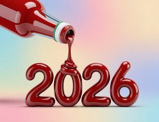 Red liquid pouring from bottle forming the number 2026 on a colorful abstract background