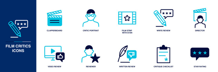 Film Critics Blue Colored Outline Icon Set