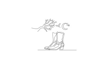 Witch Shoes with Moon and Bats – Halloween One Line Drawing Vector