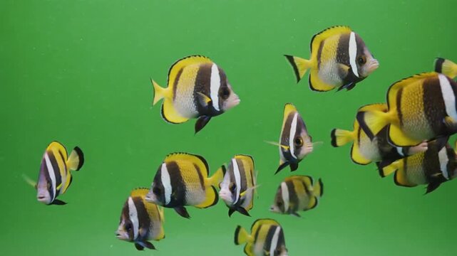 A group of Butterflyfish swimming together in various directions, captured on a clean green screen background for easy chroma key editing