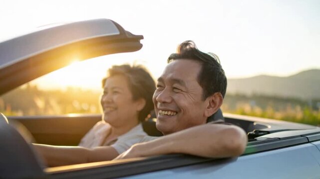 A happy and smiling older couple enjoying a carefree road trip in a convertible car, driving along scenic routes with sunshine, laughter, and joyful moments on an adventurous journey together