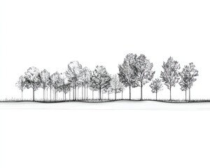 Minimal style cad tree line drawing, Side view, set of section wetland forest