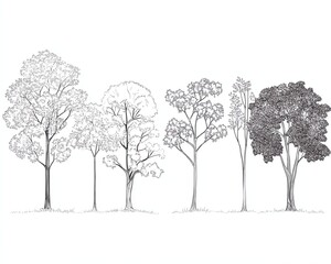 Minimal style cad tree line drawing, Side view, set of section wetland forest