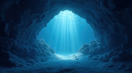 Underwater Cave Entrance with Sunlight Beams Shining Through Water Surface, Creating a Serene and Mystical Atmosphere for Exploration