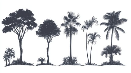 silhouette tree line drawing set