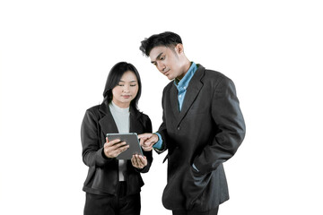 Two Asian Business Colleagues Working Together on a Tablet on a White Background