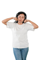 Annoyed Young Asian Woman Covering Her Ears with Headphones on a White Background