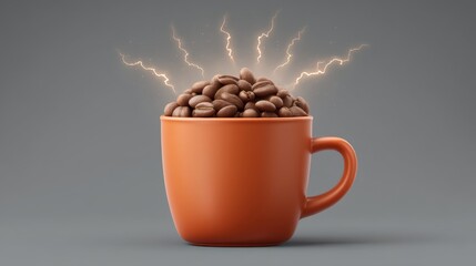 Energetic Coffee Cup Overflowing with Fresh Roasted Beans and Dynamic Lightning Effects for Vibrant Morning Moments