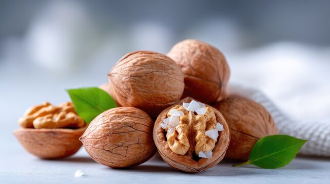 Pile of Walnuts on White Surface with White Knitted Textile and Green Leaves, One Walnut Open, Soft Lighting, Cinematic HD Still Life