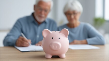 Seniors Planning Finances with Piggy Bank and Paperwork on Table in Cozy Home Environment During Retirement Savings Discussion