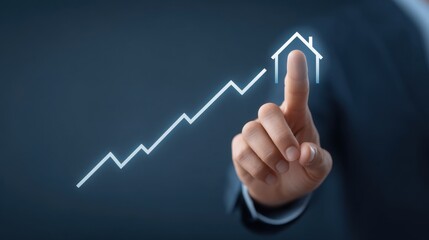 Businessman Analyzing Growth Trend in Real Estate Market with Finger Pointing at Rising Graph and House Icon Against Dark Background