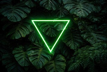 Neon green triangle framed by lush dark green leaves