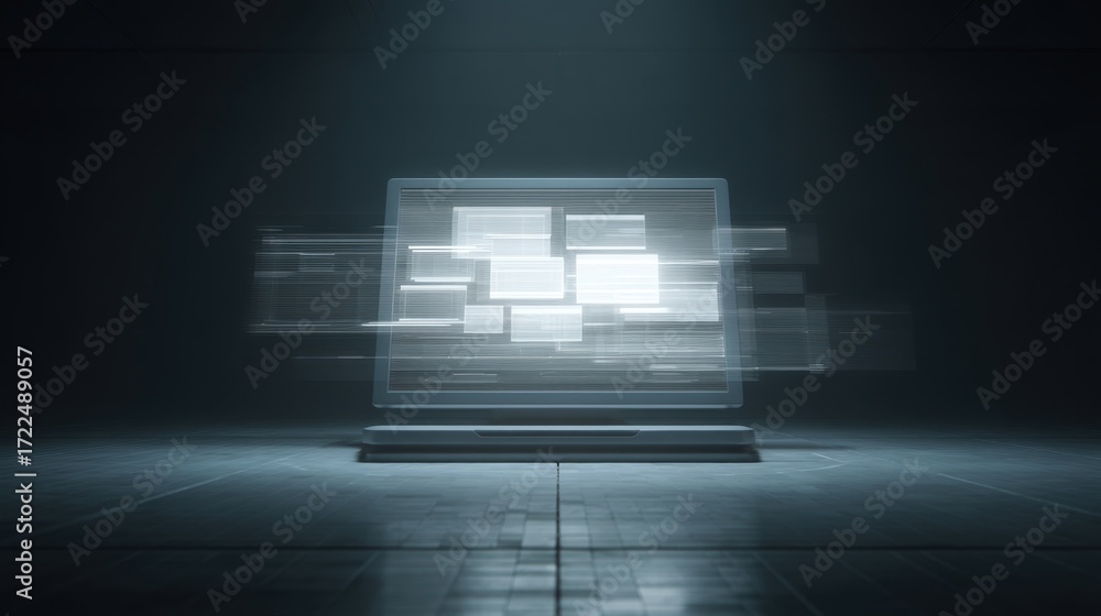 Aufkleber abstract digital interface displaying dynamic data on a laptop screen in a dark surrounding with sof