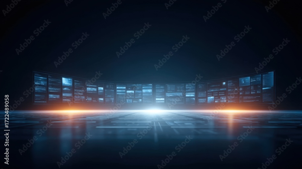 Aufkleber futuristic digital display with blue and orange lighting in a dark environment showcasing innovative
