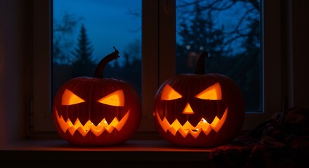 Two glowing jackolanterns sit on a windowsill against a dark nighttime background