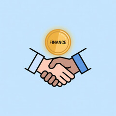 A handshake illustration symbolizing a finance deal, featuring a gold coin with the word finance on a light blue background, representing business agreement