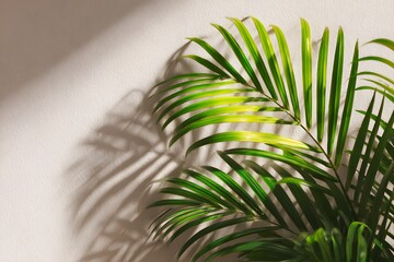 Green palm fronds casting shadows against a white wall creating a tropical and minimalist aesthetic look